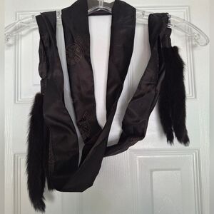 Satin Black Asian Print Scarf with Fur (?real/faux?) Accents